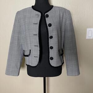 90s Plaid Cropped Jacket Boxy Tailored Petite Black White Black Trim